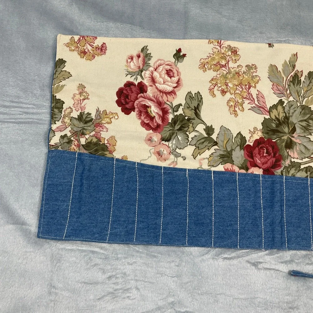 Floral Print Denim Roll Up Paint Brush Jewelry‎ Make Up Organizer Pouch Holder